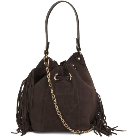 DIVINA FIRENZE Made In Italy Suede Fringe Bucket Crossbody - Picture 1 of 4